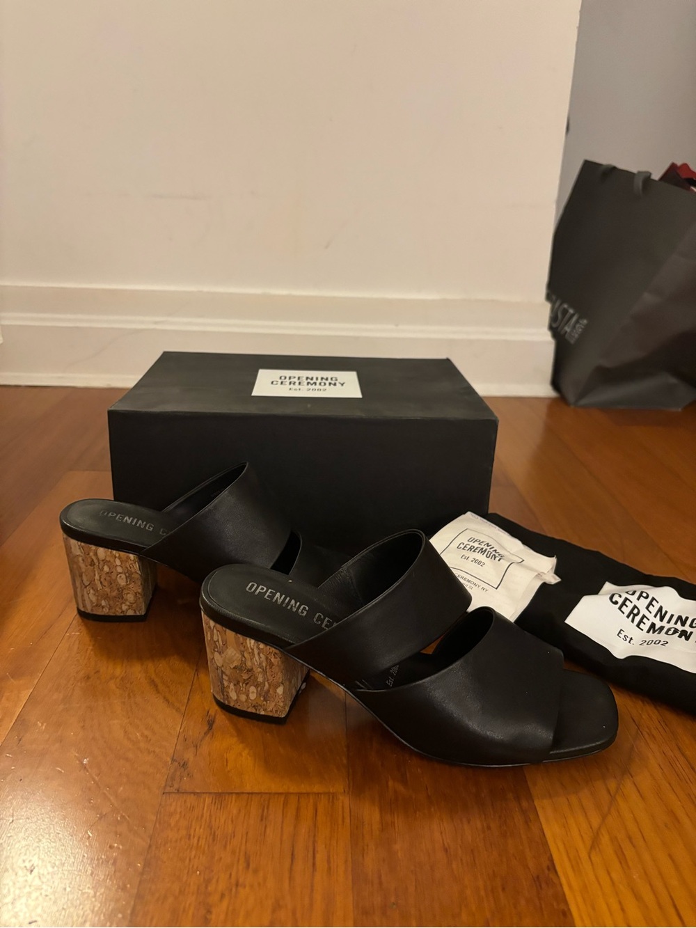 Opening Ceremony Black Leather Cork Block Heel Mules